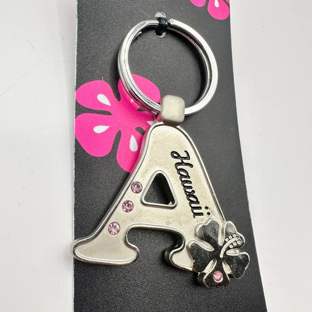 VTG 90s‎ Island Girl Silver Tone Hawaii Initial A Keychain Pink Glass Hibiscus
